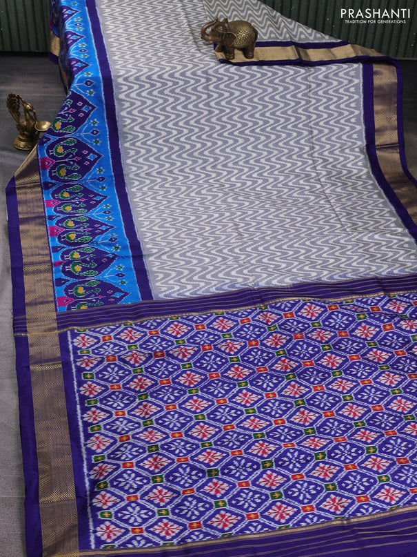Pochampally silk saree grey and royal blue with allover ikat zigzag pattern and long ikat zari woven border