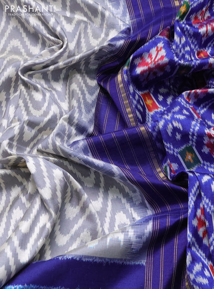 Pochampally silk saree grey and royal blue with allover ikat zigzag pattern and long ikat zari woven border