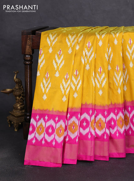 Pochampally silk saree mustard yellow and pink with allover ikat weaves and ikat zari woven border