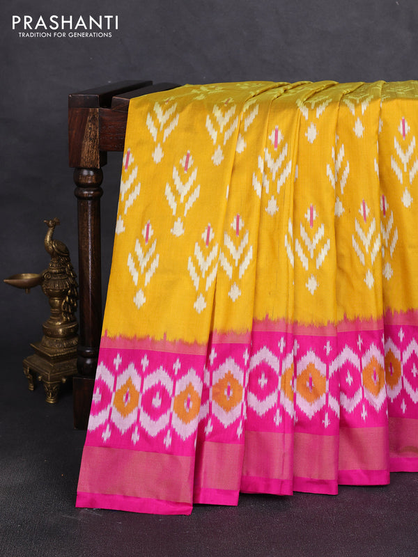 Pochampally silk saree mustard yellow and pink with allover ikat weaves and ikat zari woven border