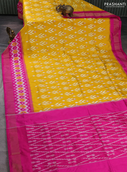 Pochampally silk saree mustard yellow and pink with allover ikat weaves and ikat zari woven border