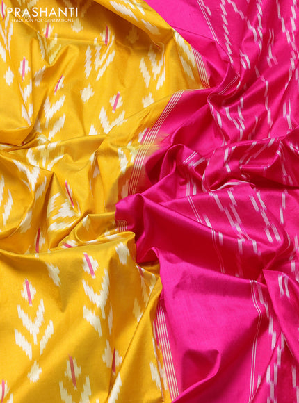 Pochampally silk saree mustard yellow and pink with allover ikat weaves and ikat zari woven border
