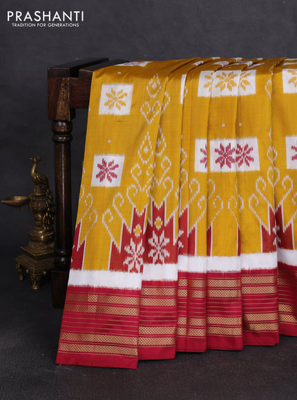 Pochampally silk saree mustard yellow and maroon with allover ikat woven buttas and zari woven border