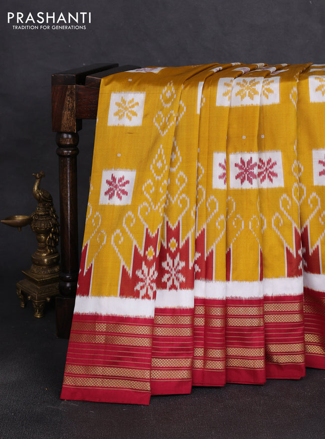 Pochampally silk saree mustard yellow and maroon with allover ikat woven buttas and zari woven border