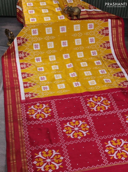 Pochampally silk saree mustard yellow and maroon with allover ikat woven buttas and zari woven border