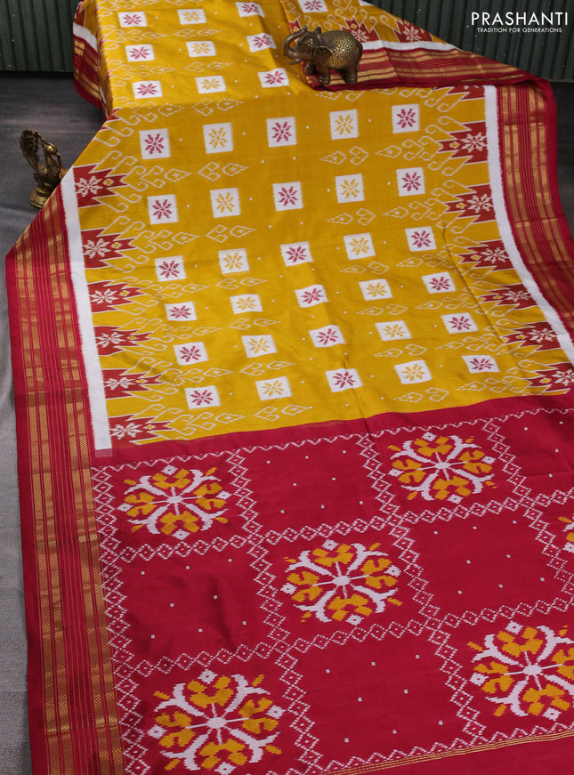 Pochampally silk saree mustard yellow and maroon with allover ikat woven buttas and zari woven border