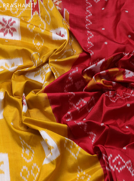 Pochampally silk saree mustard yellow and maroon with allover ikat woven buttas and zari woven border