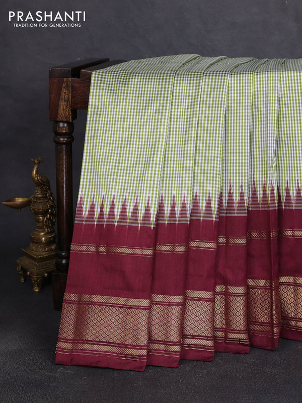 Pochampally silk saree light green and deep wine with allover thread small checked pattern and long rettapet zari woven border