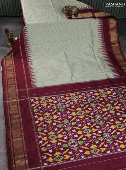 Pochampally silk saree light green and deep wine with allover thread small checked pattern and long rettapet zari woven border