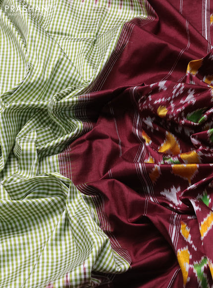 Pochampally silk saree light green and deep wine with allover thread small checked pattern and long rettapet zari woven border