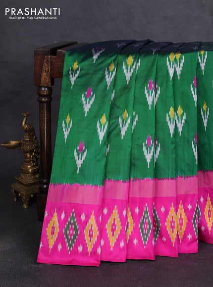 Pochampally silk saree green and pink with allover ikat woven buttas and zari woven ikat butta border