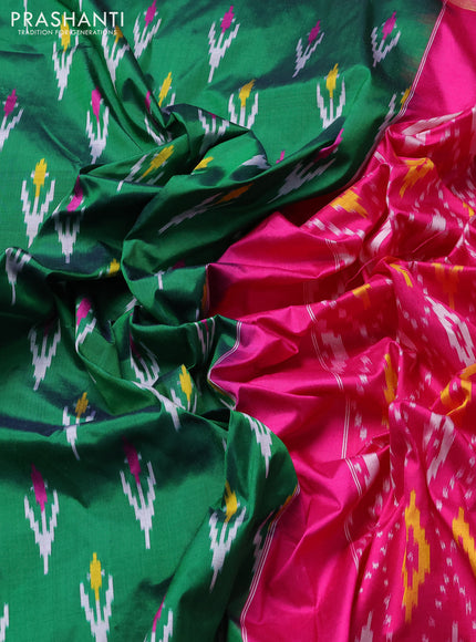 Pochampally silk saree green and pink with allover ikat woven buttas and zari woven ikat butta border