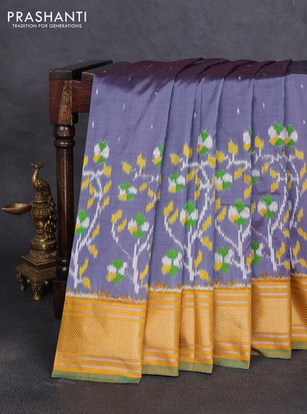Pochampally silk saree grey and mustard yellow with allover ikat woven buttas and zari woven border