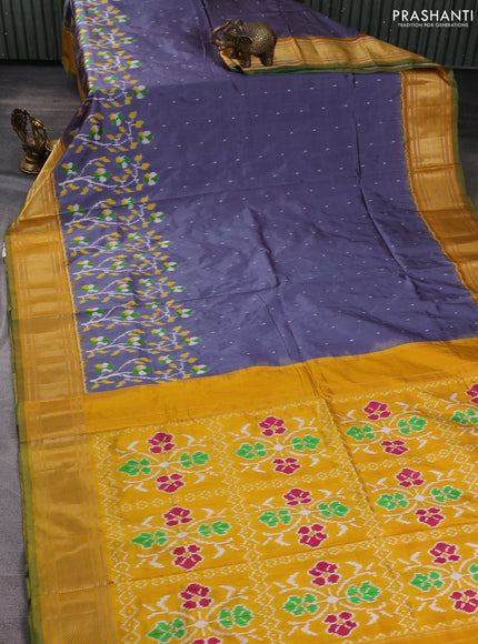 Pochampally silk saree grey and mustard yellow with allover ikat woven buttas and zari woven border
