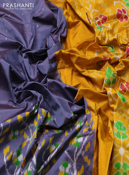 Pochampally silk saree grey and mustard yellow with allover ikat woven buttas and zari woven border