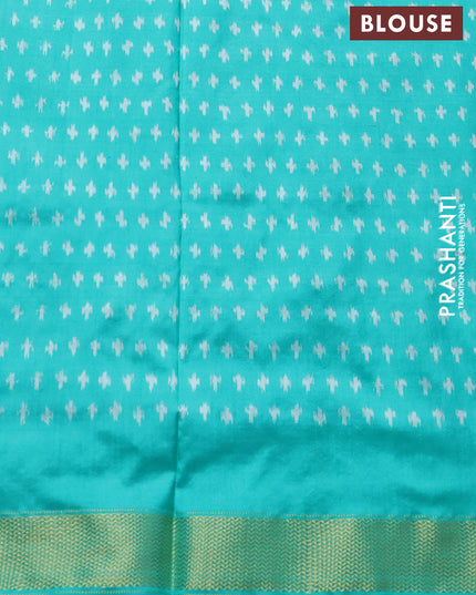 Pochampally silk saree teal green and cream with allover ikat weaves and ikat woven buttas & zari woven border