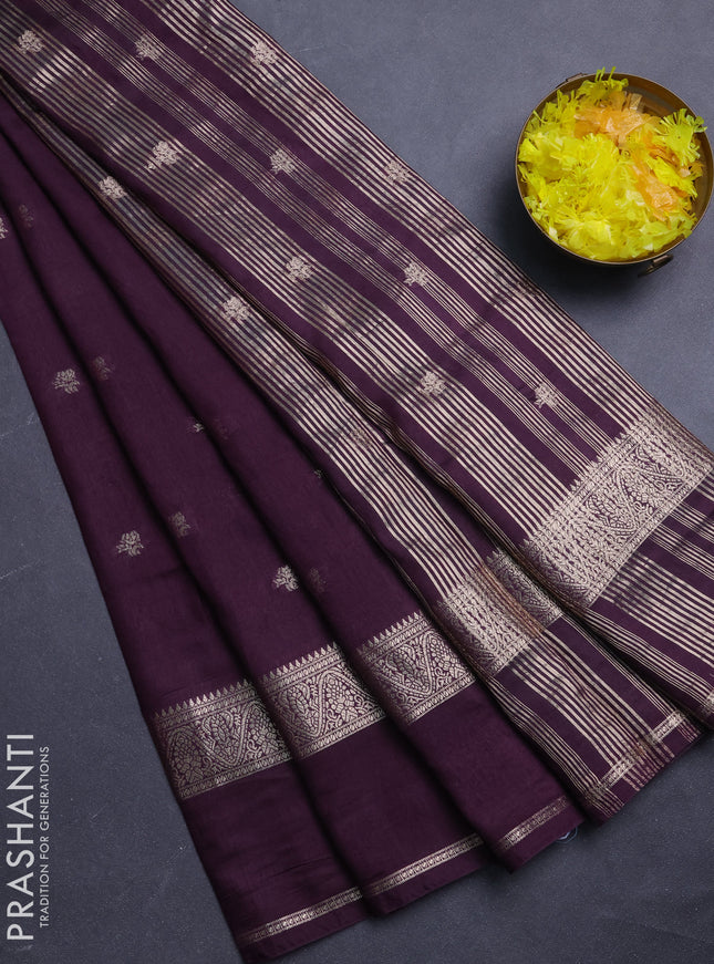 Semi chanderi saree deep wine shade and pastel green with allover zari woven buttas and rettapet zari woven border
