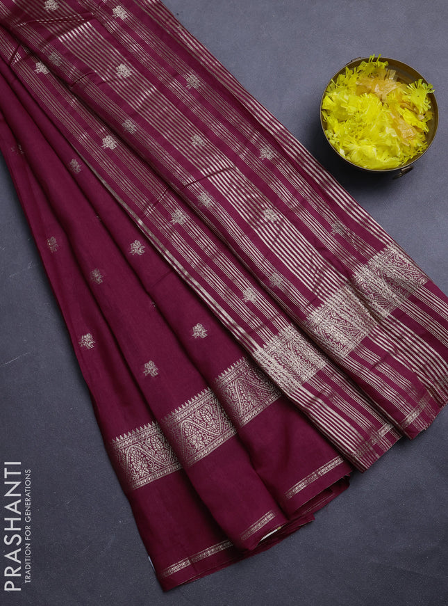 Semi chanderi saree wine shade and rust shade with allover zari woven buttas and rettapet zari woven border