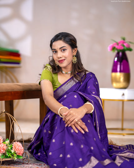 Semi chanderi saree violet and light green with allover zari woven buttas and rettapet zari woven border