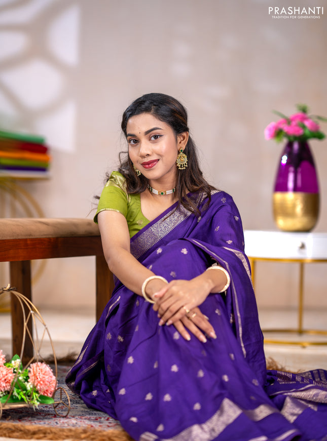 Semi chanderi saree violet and light green with allover zari woven buttas and rettapet zari woven border