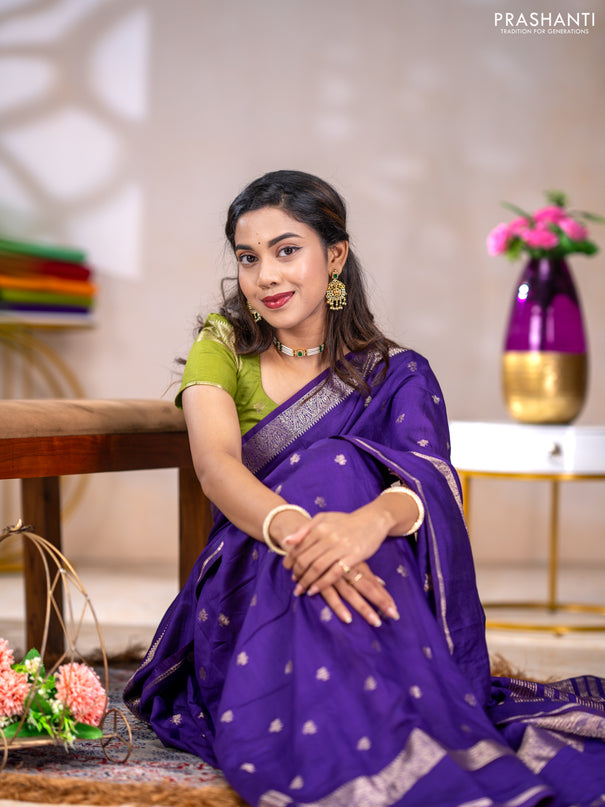 Semi chanderi saree violet and light green with allover zari woven buttas and rettapet zari woven border
