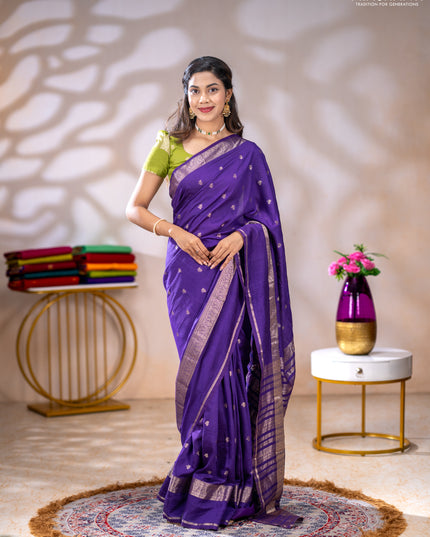 Semi chanderi saree violet and light green with allover zari woven buttas and rettapet zari woven border