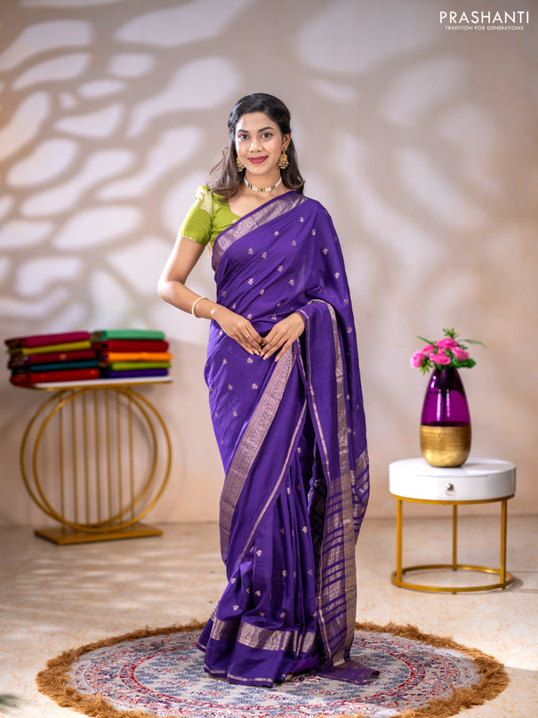 Semi chanderi saree violet and light green with allover zari woven buttas and rettapet zari woven border