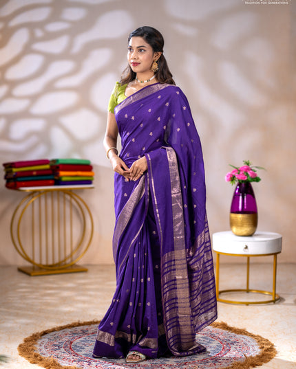 Semi chanderi saree violet and light green with allover zari woven buttas and rettapet zari woven border