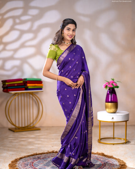 Semi chanderi saree violet and light green with allover zari woven buttas and rettapet zari woven border