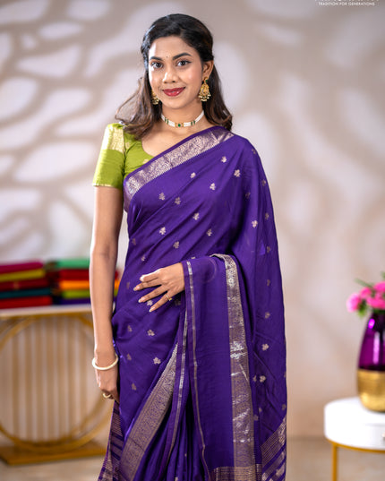 Semi chanderi saree violet and light green with allover zari woven buttas and rettapet zari woven border