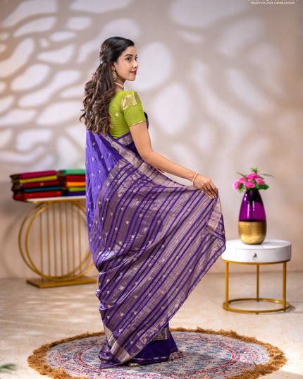 Semi chanderi saree violet and light green with allover zari woven buttas and rettapet zari woven border
