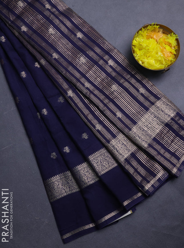 Semi chanderi saree navy blue and rust shade with allover zari woven buttas and rettapet zari woven border