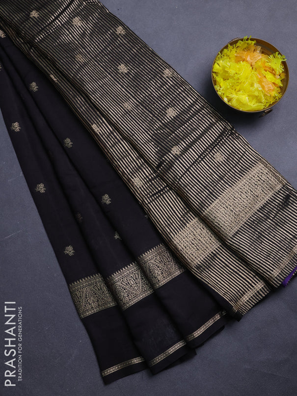 Semi chanderi saree black and blue with allover zari woven buttas and rettapet zari woven border