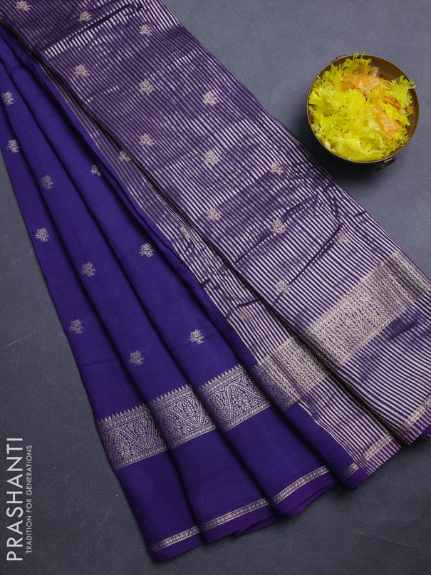 Semi chanderi saree blue and black with allover zari woven buttas and rettapet zari woven border