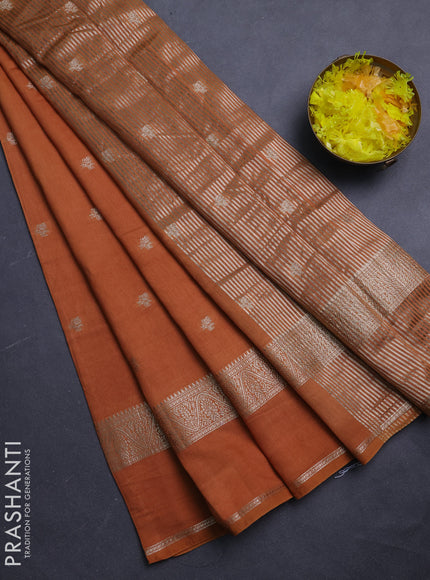 Semi chanderi saree rust shade and deep wine with allover zari woven buttas and rettapet zari woven border