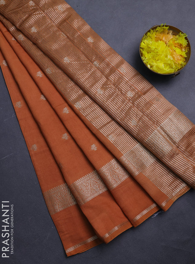 Semi chanderi saree rust shade and deep wine with allover zari woven buttas and rettapet zari woven border