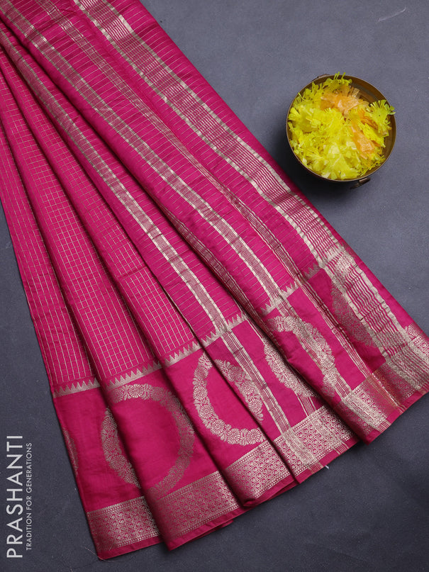 Semi chanderi saree pink and violet with allover zari checked pattern and zari woven butta border