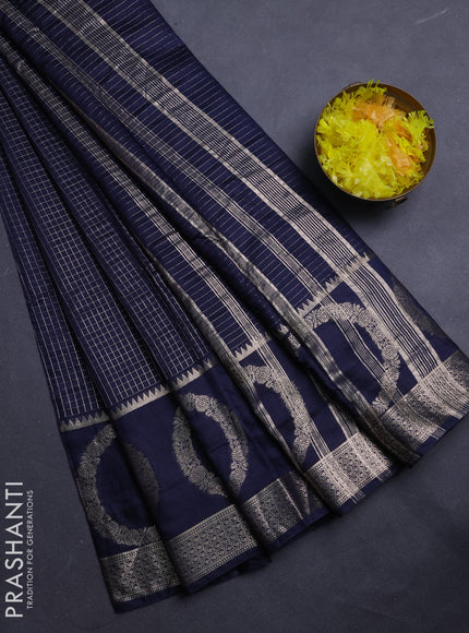 Semi chanderi saree navy blue and violet with allover zari checked pattern and zari woven butta border