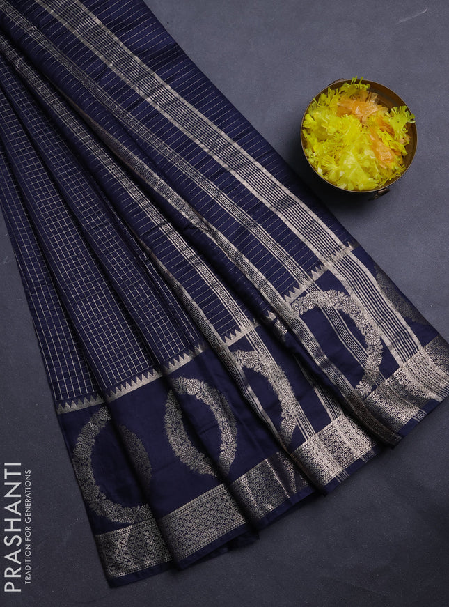 Semi chanderi saree navy blue and violet with allover zari checked pattern and zari woven butta border