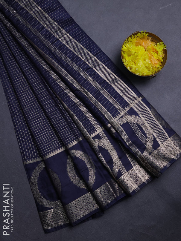 Semi chanderi saree navy blue and violet with allover zari checked pattern and zari woven butta border