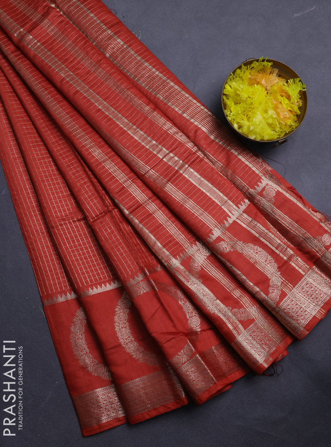 Semi chanderi saree rust shade and wine shade with allover zari checked pattern and zari woven butta border