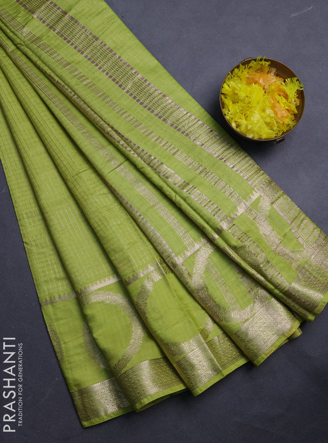 Semi chanderi saree light green and violet with allover zari checked pattern and zari woven butta border