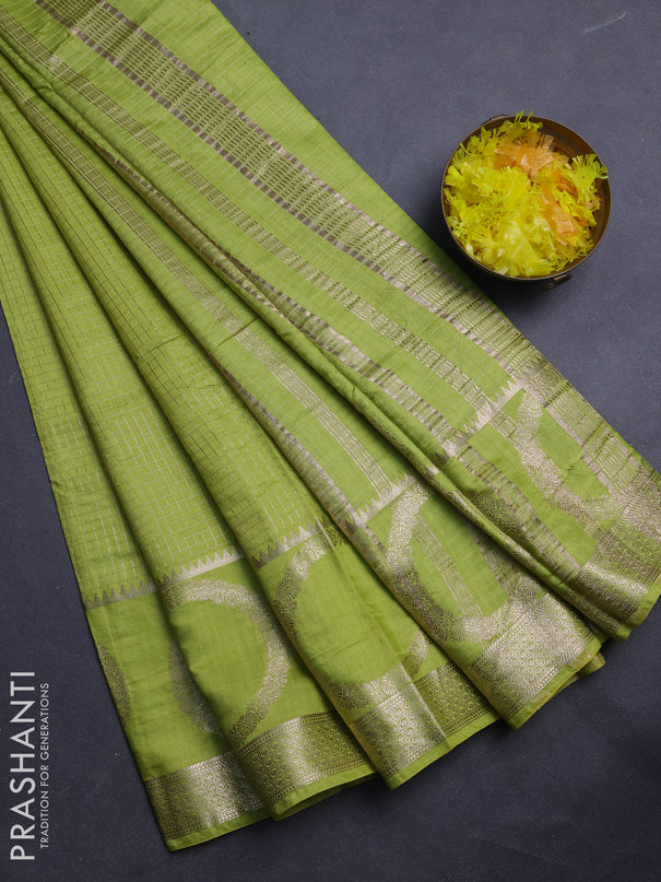 Semi chanderi saree light green and violet with allover zari checked pattern and zari woven butta border