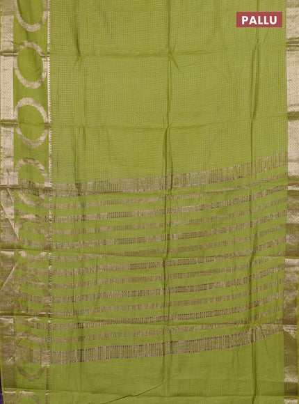Semi chanderi saree light green and violet with allover zari checked pattern and zari woven butta border