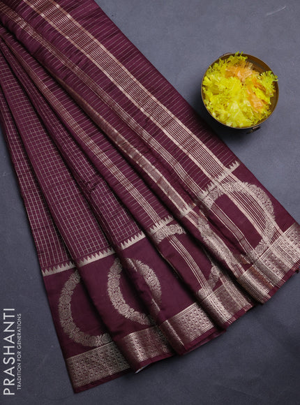 Semi chanderi saree deep wine shade and rust shade with allover zari checked pattern and zari woven butta border