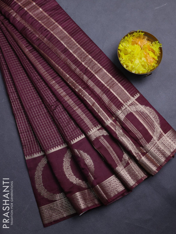 Semi chanderi saree deep wine shade and rust shade with allover zari checked pattern and zari woven butta border