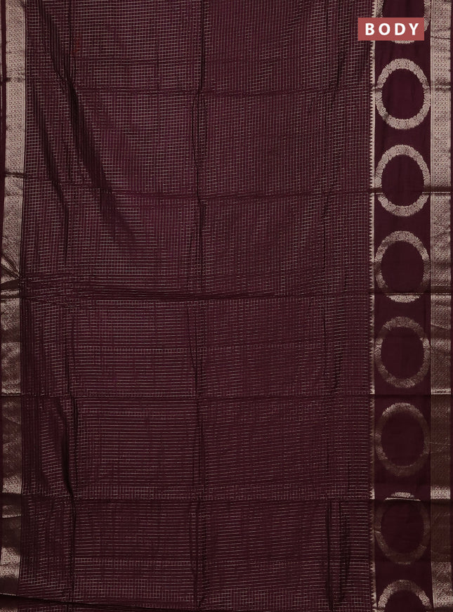 Semi chanderi saree deep wine shade and rust shade with allover zari checked pattern and zari woven butta border
