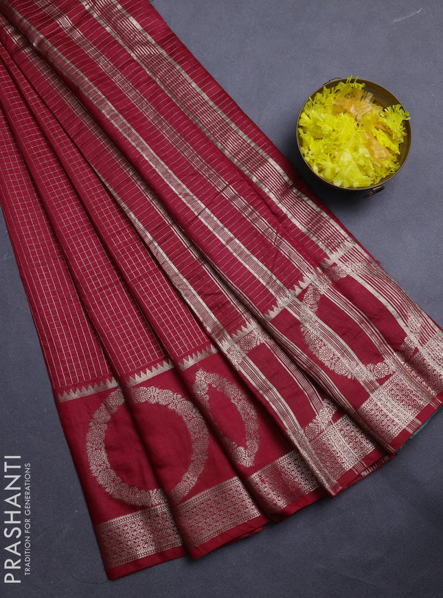 Semi chanderi saree red and green with allover zari checked pattern and zari woven butta border