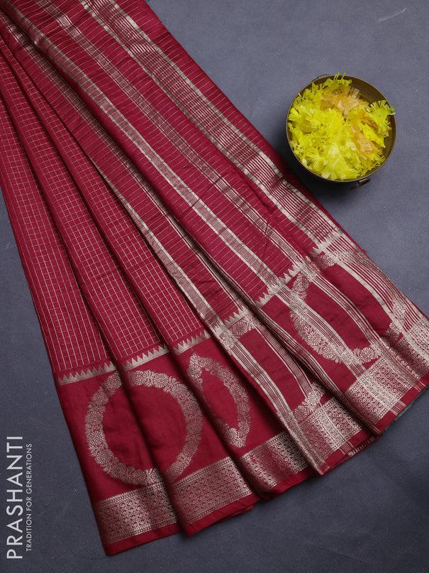 Semi chanderi saree red and green with allover zari checked pattern and zari woven butta border