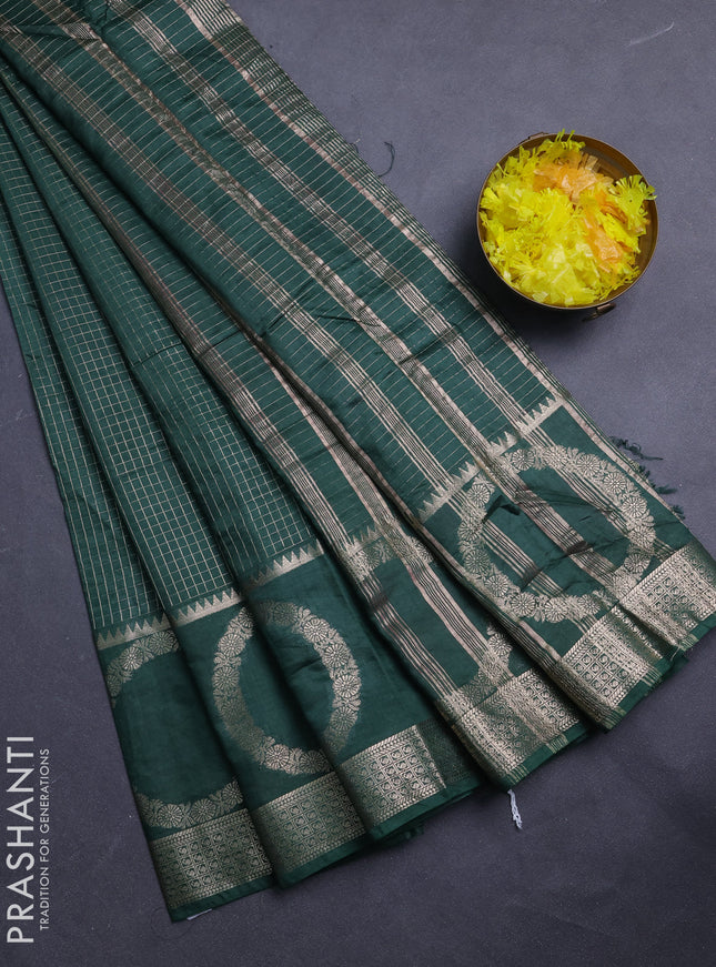 Semi chanderi saree green and light pink with allover zari checked pattern and zari woven butta border